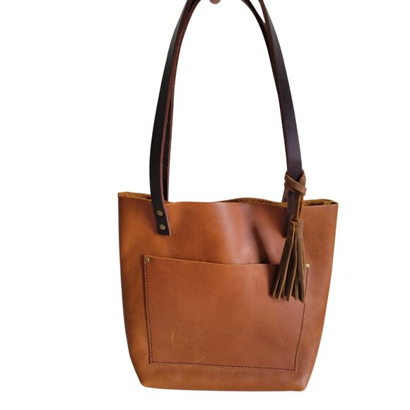 Portland Leather Goods Cognac brown leather bag tote Medium fringe tassel